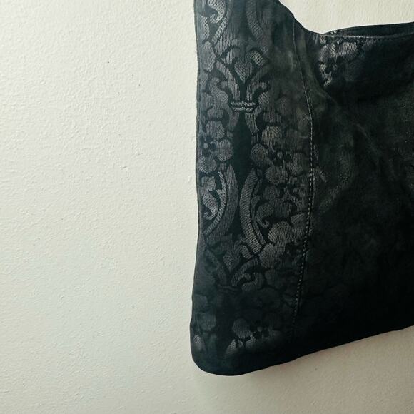 Genuine Leather Gold Zip Black Floral Design Crossbody Strap Bag - Picture 6 of 13